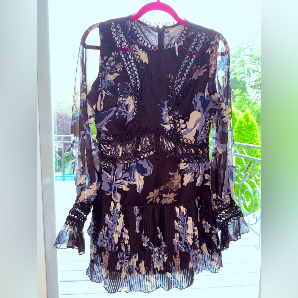 ASOS Black Floral Mesh Mini Dress | Sheer Sleeves & Tiered Skirt NWT